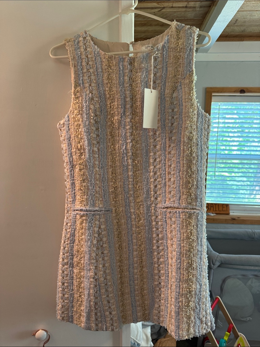 Sleeveless Tweed Mini Dress in Cream and Light Blue